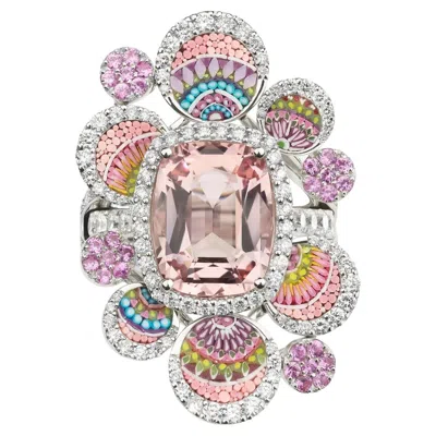 Pre-owned Sicis Jewels Cocktail Ring In White Gold With Morganite, White Diamonds And Micromosaic