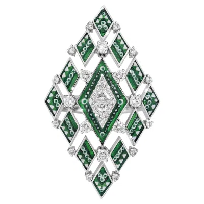 Pre-owned Sicis Jewels Cocktail Ring In White Gold With White Diamonds, Emeralds And Micromosaic