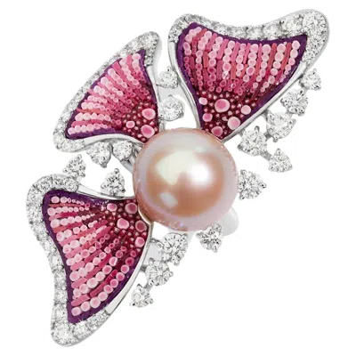 Pre-owned Sicis Jewels Cocktail Ring In White Gold With White Diamonds, Pearl And Micromosaic