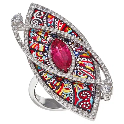 Pre-owned Sicis Jewels Cocktail Ring White Gold White Diamonds Ruby With Micromosaic
