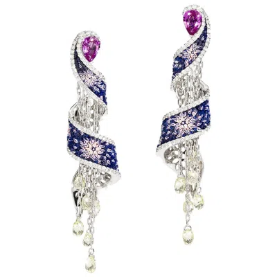 Pre-owned Sicis Jewels Earrings Pink Sapphire White Gold Chain Chandelier Briolette Diamonds Nanomosaic