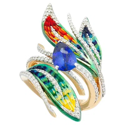 Pre-owned Sicis Jewels Gold Cocktail Ring With White Diamonds, Tanzanite And Micromosaic
