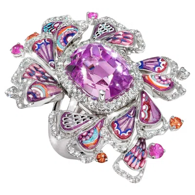 Pre-owned Sicis Jewels Kunzite White Gold Cocktail Ring With Sapphires And Micromosaic