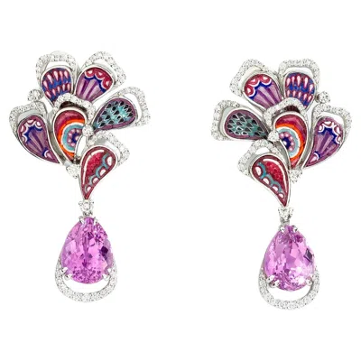 Pre-owned Sicis Jewels Kunzite White Gold Drop Earrings With Diamonds And Micromosaic