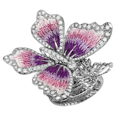 Pre-owned Sicis Jewels Micro Mosaic Butterfly Ring In 18kt White Gold With Diamonds