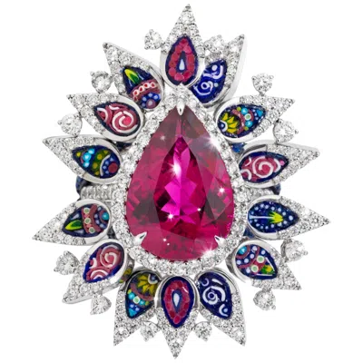 Pre-owned Sicis Jewels Micro Mosaic Rubellite & Diamond White Gold Cocktail Ring