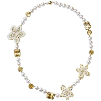 Pre-owned Sicis Jewels Necklace Yellow Gold Pearls Quartz Designed By Roger Thomas Decorated Nanomosaic