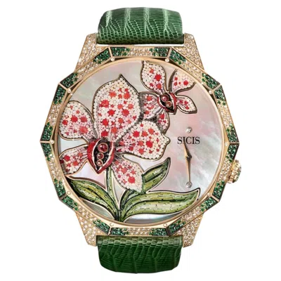 Pre-owned Sicis Jewels Orchidee Micromosaic Watch In 18k Yellow Gold With Diamonds, Emeralds, Sapphires
