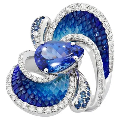 Pre-owned Sicis Jewels Ring In White Gold With Diamonds, Tanzanite, Blue Sapphire And Micromosaic