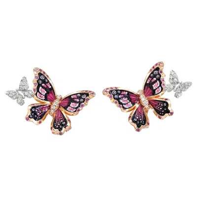 Pre-owned Sicis Jewels Rose Gold Butterfly Earings With White Diamonds, Pink Sapphires And Micromosaic