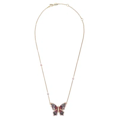 Pre-owned Sicis Jewels Rose Gold Butterfly Necklace With White Diamonds, Pink Sapphires And Micromosaic