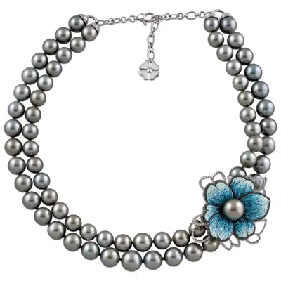Pre-owned Sicis Jewels Sicis 18k White Gold Micro Mosaic Necklace With Black Diamonds & Tahitian Pearls
