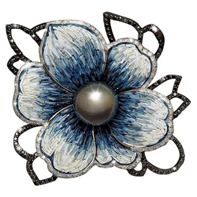 Pre-owned Sicis Jewels Sicis 18k White Gold Micro Mosaic Ring With Tahitian Pearl & Black Diamonds