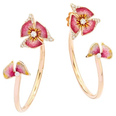 Pre-owned Sicis Jewels Sicis 18kt Rose Gold Hoop Earrings With Micromosaic & Diamonds In Red