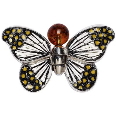 Pre-owned Sicis Jewels Stylish Butterfly Pin Jacket Silver Amber Hand Decorated With Micromosaic In Brown