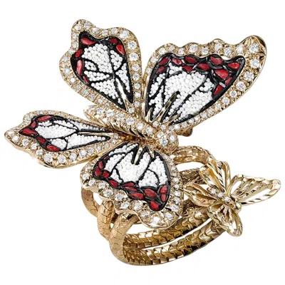 Pre-owned Sicis Jewels Stylish Butterfly Ring White Diamond Rose Gold Hand Decorated With Micromosaic