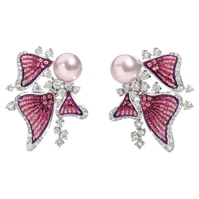 Pre-owned Sicis Jewels Stylish Earrings In White Gold, White Diamonds, Pearl And Micromosaic
