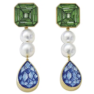 Pre-owned Sicis Jewels Stylish Earrings Yellow Gold Pearls Designed By Roger Thomas Micromosaic Insert