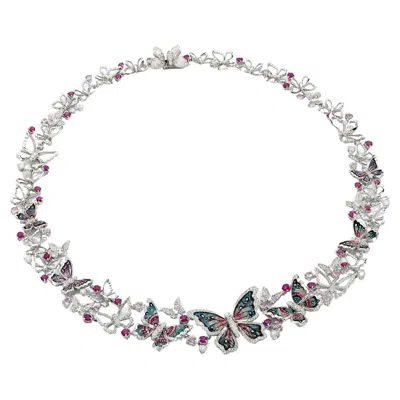 Pre-owned Sicis Jewels Stylish Necklace In White Gold With White Diamonds, Sapphires And Micromosaic