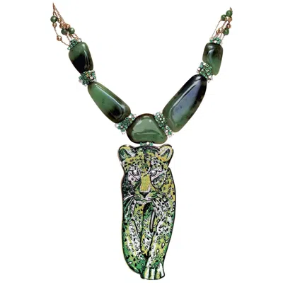 Pre-owned Sicis Jewels Stylish Necklace Yellow Gold White Diamond Emerald Agate Decorated Micromosaic