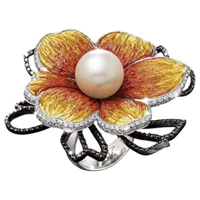 Pre-owned Sicis Jewels Stylish Ring White Gold White & Black Diamonds Pearls Hand Decorated Nanomosaic