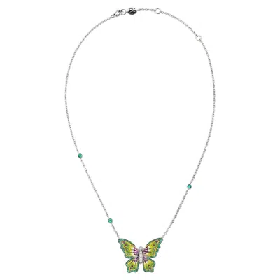 Pre-owned Sicis Jewels White Gold Butterfly Necklace With White Diamonds, Malachite And Micromosaic