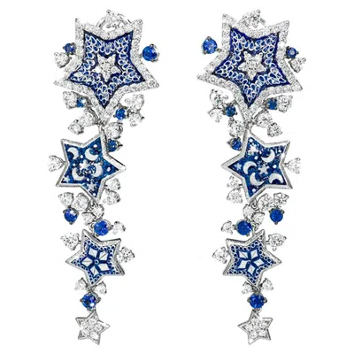 Pre-owned Sicis Jewels White Gold Drop Earrings With Diamonds & Blue Sapphires