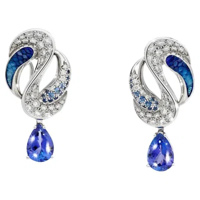 Pre-owned Sicis Jewels White Gold Earring With White Diamond, Tanzanite, Blue Sapphire With Micromosaic