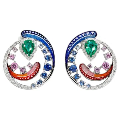 Pre-owned Sicis Jewels White Gold Earrings With Emeralds, Sapphires, White Diamonds And Micromosaic