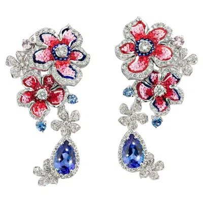 Pre-owned Sicis Jewels White Gold Earrings With Tanzanites, White Diamonds, Sapphires And Micromosaic