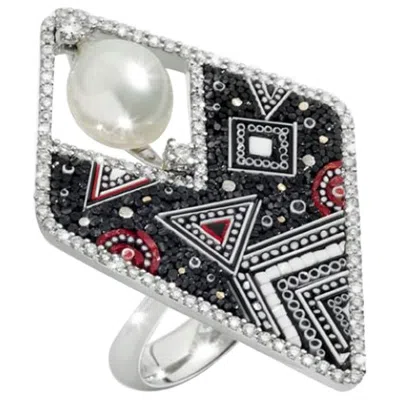 Pre-owned Sicis Jewels White Gold Micromosaic Ring With Diamonds & Pearl