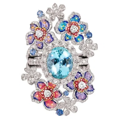 Pre-owned Sicis Jewels White Gold Ring With Aquamarine, White Diamonds And Micromosaic