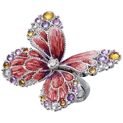 Pre-owned Sicis Jewels White Gold Ring With Diamonds, Multicolor Sapphires & Micromosaic