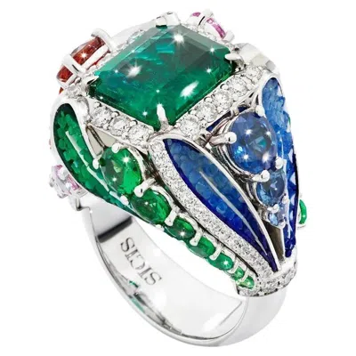 Pre-owned Sicis Jewels White Gold Ring With Emerald, Sapphires, White Diamonds And Micromosaic