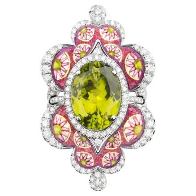 Pre-owned Sicis Jewels White Gold Ring With Peridot, White Diamonds And Micromosaic