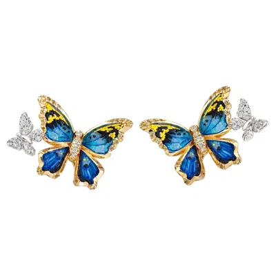 Pre-owned Sicis Jewels Yellow Gold Butterfly Earrings With White Diamonds, Sapphires And Micromosaic