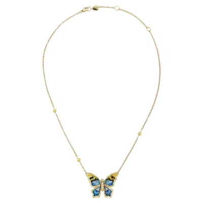 Pre-owned Sicis Jewels Yellow Gold Butterfly Necklace With White Diamonds, Sapphires And Micromosaic