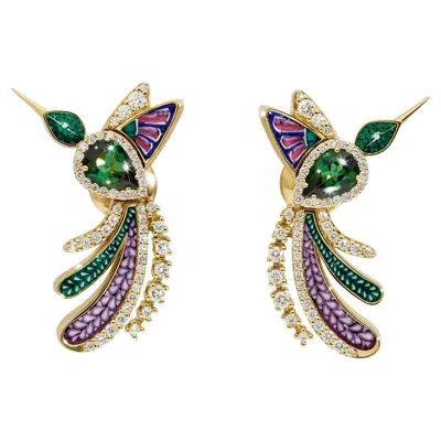 Pre-owned Sicis Jewels Yellow Gold Earrings With Green Tourmaline, White Diamonds And Micromosaic