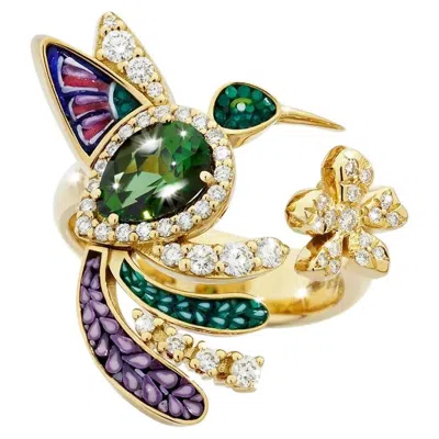 Pre-owned Sicis Jewels Yellow Gold Ring With Green Tourmaline, White Diamonds And Micromosaic