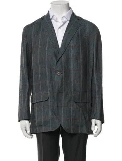 Pre-owned Sid Mashburn Linen Plaid Print Blazer In Green