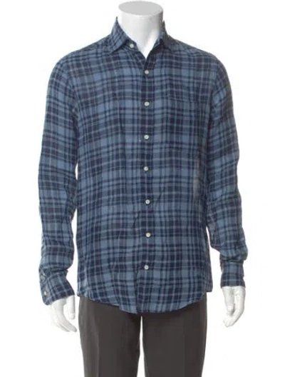 Pre-owned Sid Mashburn Linen Plaid Print Dress Shirt In Blue