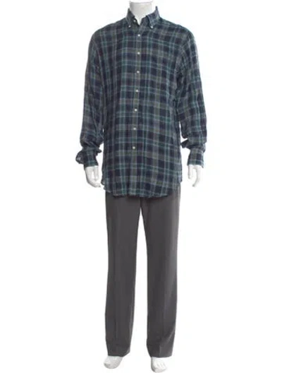 Pre-owned Sid Mashburn Linen Plaid Print Shirt In Blue