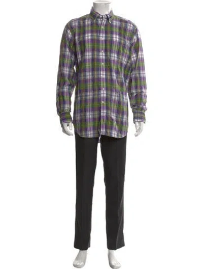 Pre-owned Sid Mashburn Plaid Print Long Sleeve Dress Shirt In Green/purple