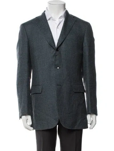 Pre-owned Sid Mashburn Wool Houndstooth Print Blazer In Green