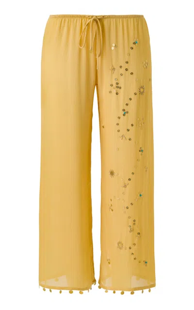 Siedres Aurilie Embellished Chiffon Wide-leg Pants In Yellow