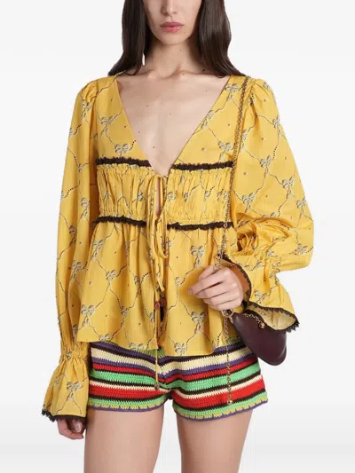 Siedres Bow-print Ruffled Top In Yellow