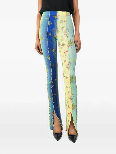Pre-owned Siedres Butterfly-print Lettuce-trim Trousers In Blue