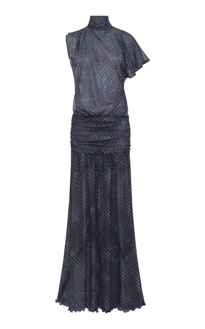 Siedres Dakota Asymmetric Mesh Maxi Dress In Blue