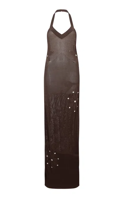 Siedres Essens Floral Embroidered Cotton Knit Dress In Brown