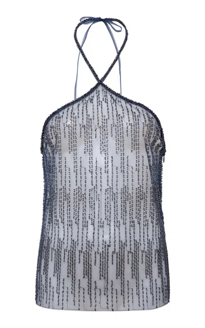 Siedres Fabiana Beaded Mesh Halter Top In Blue